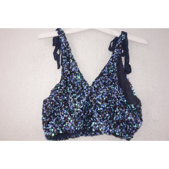 NEW Free People Intimately Big Night Sequin Crop Top BLUE Women's Medium - Picture 5 of 7